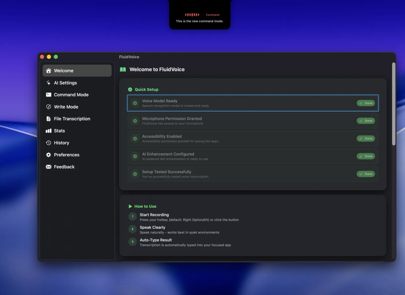 FluidVoice - Free Local Voice Dictation for Mac user interface