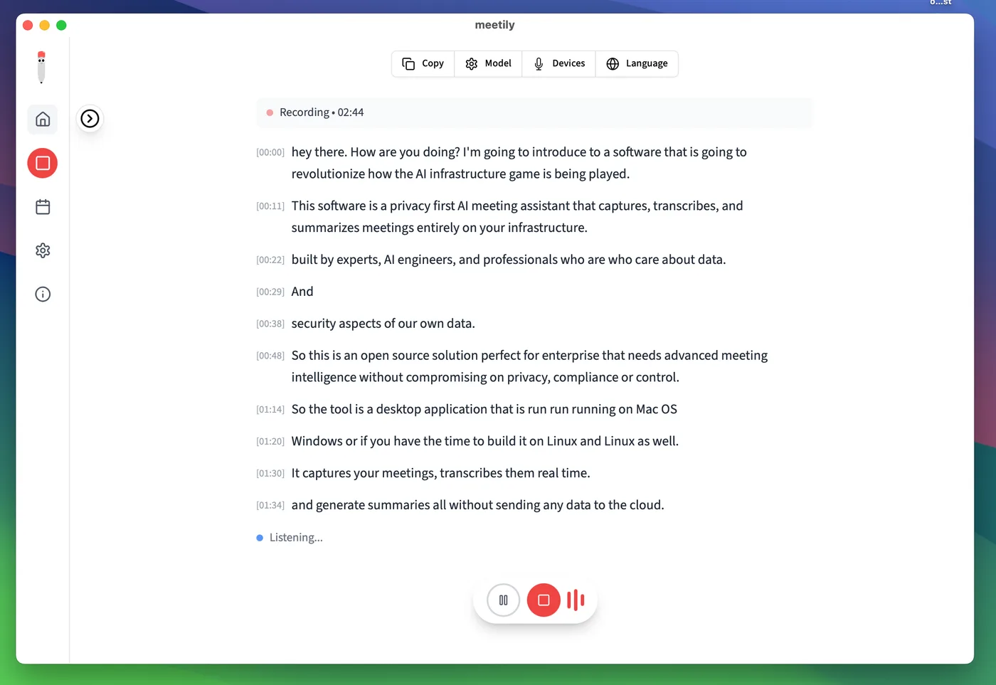 Meetily - Privacy-First AI Meeting Assistant user interface